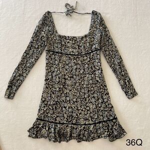 Free People Boheme Mini Dress Floral Print Square Neck‎ Ruffle Hem Black Size 2